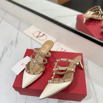 VALENTINO 26S STUDDED HEELED MULES 50 MM IN WHITE PATENT CALFSKIN