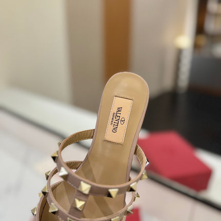 VALENTINO 26S STUDDED FLAT MULES IN NUDE PATENT CALFSKIN