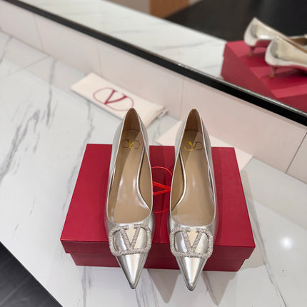 VALENTINO 26S HIGH HEELS 45 MM IN METALLIC SILVER CALFSKIN WITH VLOGO CRYSTAL