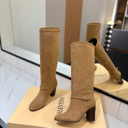 VALENTINO 25S GARAVANI PATTIE KNEE-HIGH BOOTS 80 MM IN LIGHT BROWN SUEDE