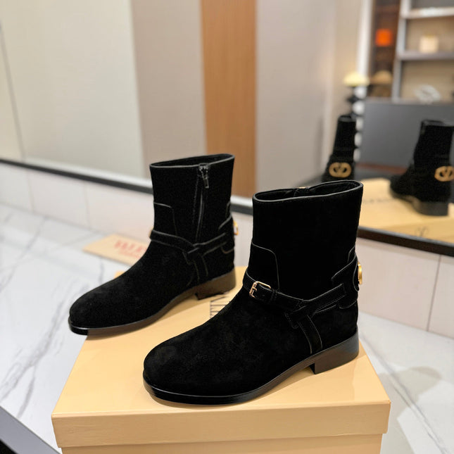 VALENTINO 25S PATTIE ANKLE BOOTS IN BLACK SUEDE WITH GOLD HARDWARE