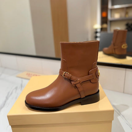 VALENTINO 25S PATTIE ANKLE BOOTS IN BROWN CALFSKIN WITH GOLD HARDWARE