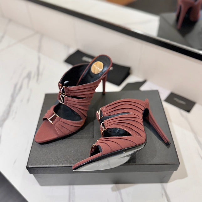 YSL 26S HEELED SANDALS 100 MM IN DARK BROWN FABRIC