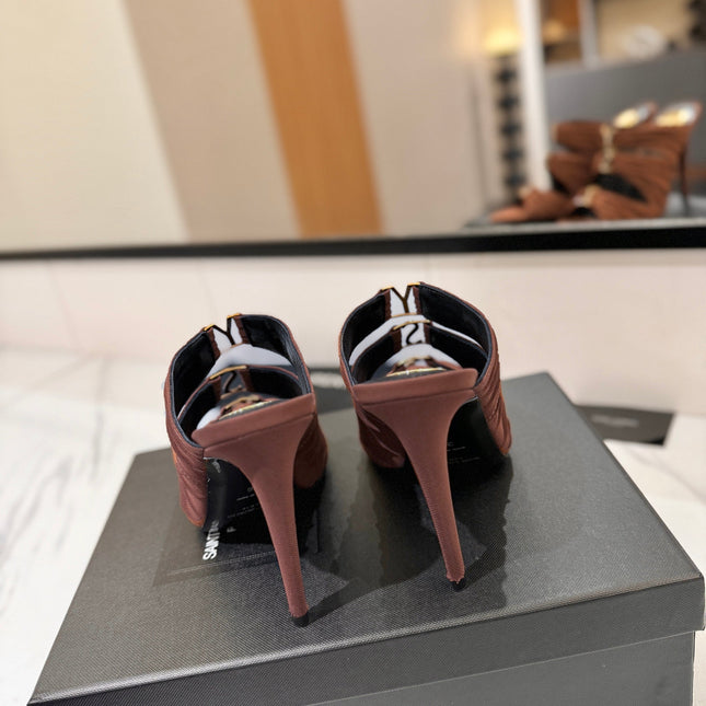 YSL 26S HEELED SANDALS 100 MM IN DARK BROWN FABRIC