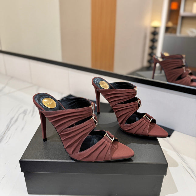 YSL 26S HEELED SANDALS 100 MM IN DARK BROWN FABRIC