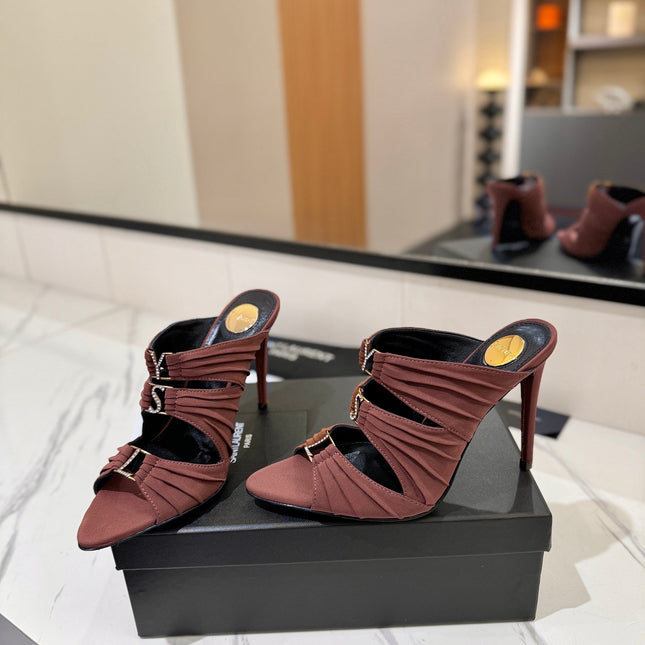 YSL 26S HEELED SANDALS 100 MM IN DARK BROWN FABRIC