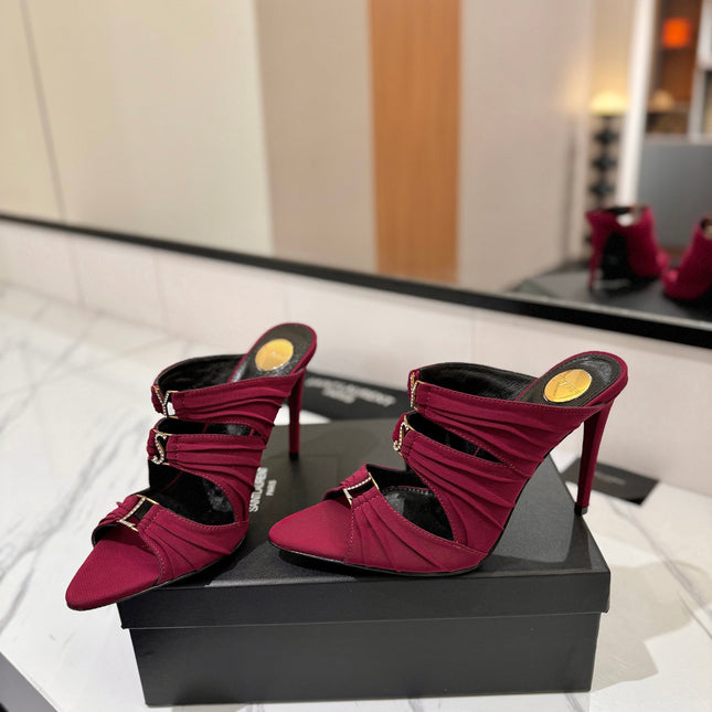 YSL 26S HEELED SANDALS 100 MM IN DARK RED FABRIC