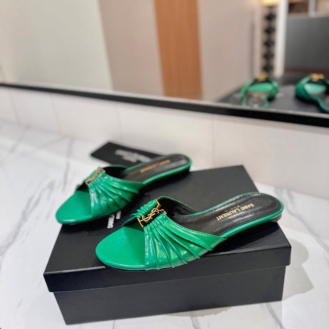 YSL 26S BABYLONE FLAT MULES IN GREEN LAMBSKIN