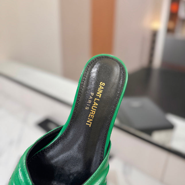 YSL 26S BABYLONE FLAT MULES IN GREEN LAMBSKIN