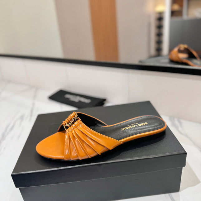 YSL 26S BABYLONE FLAT MULES IN DARK ORANGE LAMBSKIN