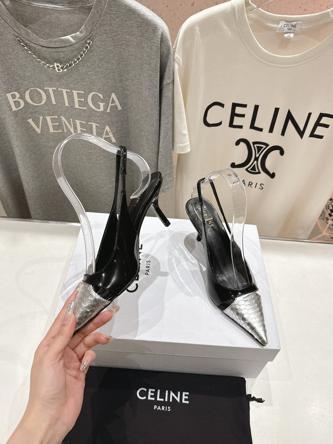 JUDY CAP TOE SLINGBACK 65MM IN BLACK SHINY CALFSKIN AND SILVER SNAKE EMBOSSED LEATHER
