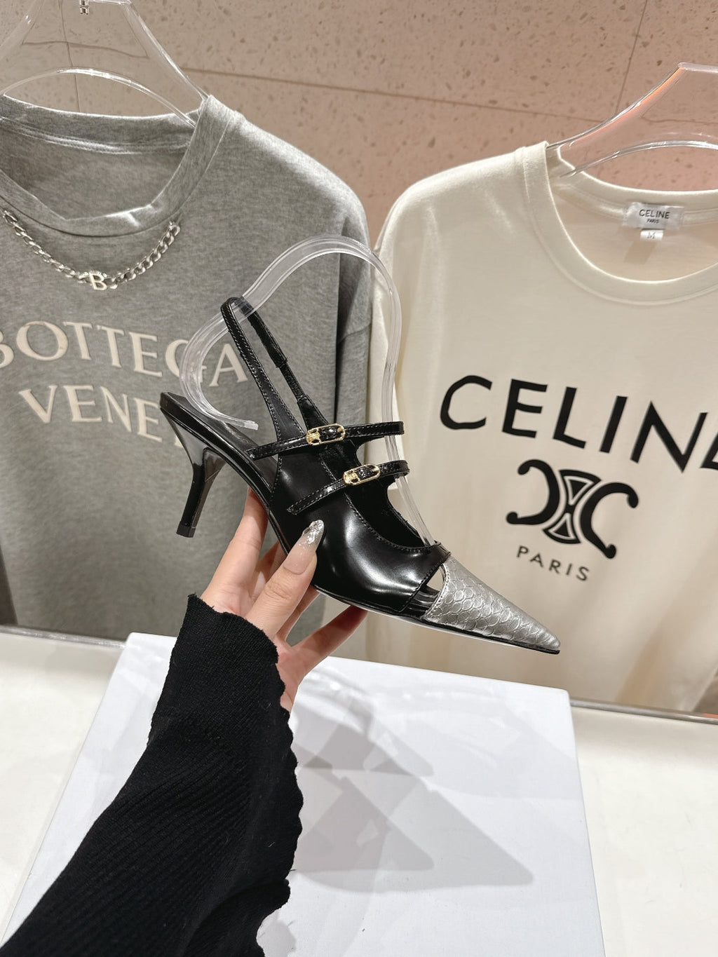 JUDY DOUBLE STRAP MARY JANE SLINGBACK 65MM IN BLACK SHINY CALFSKIN AND SILVER SNAKE EMBOSSED LEATHER