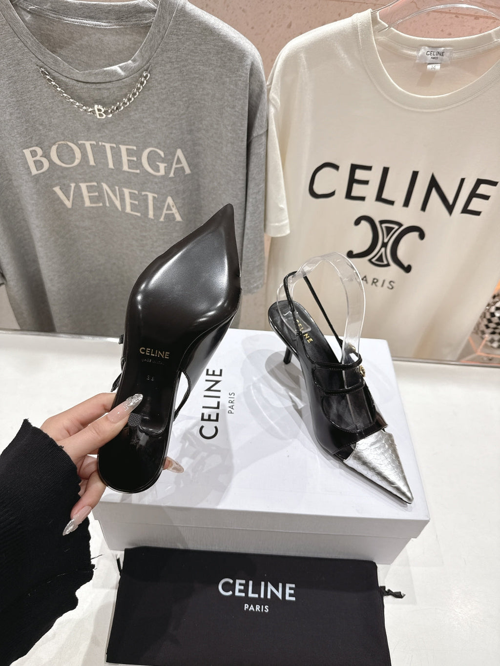 JUDY DOUBLE STRAP MARY JANE SLINGBACK 65MM IN BLACK SHINY CALFSKIN AND SILVER SNAKE EMBOSSED LEATHER