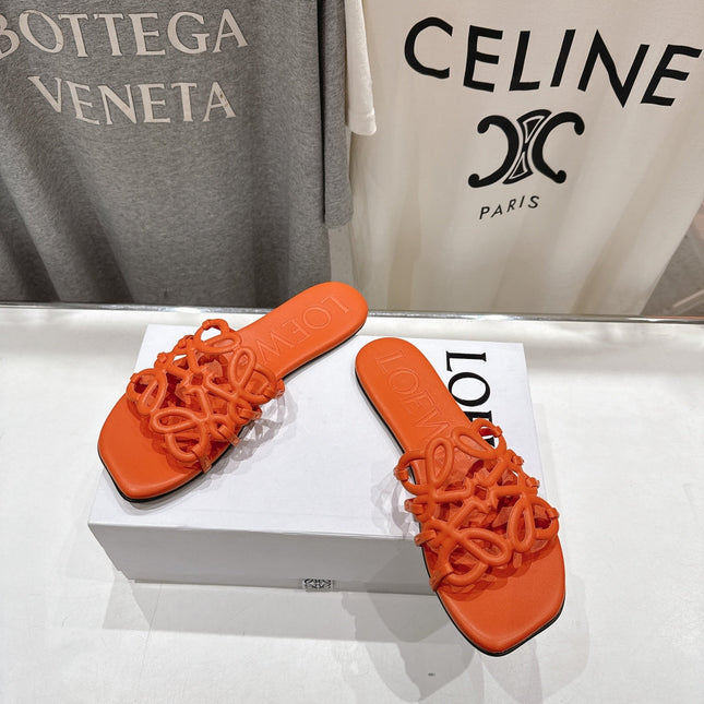 LOEWE 26S PETAL ANAGRAM SLIDE IN BURNT ORANGE CALFSKIN