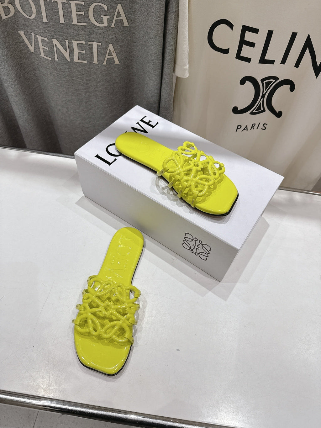 LOEWE 26S PETAL ANAGRAM SLIDE IN LEMON YELLOW CALFSKIN