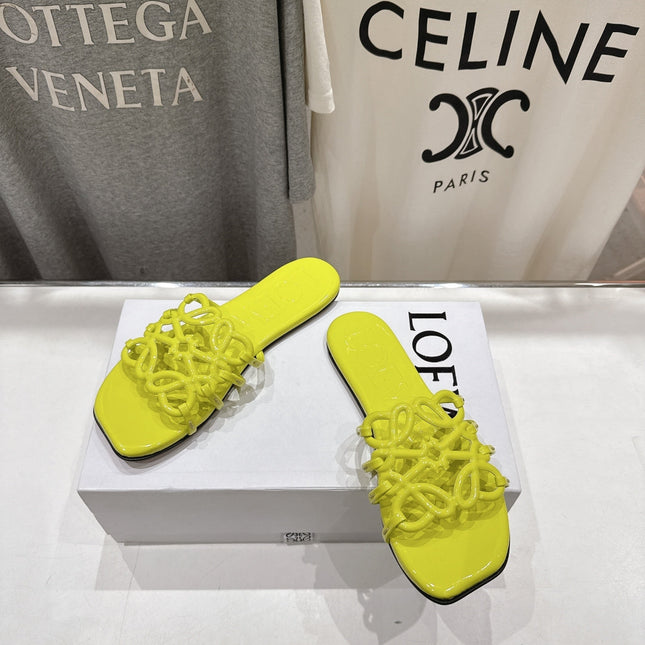 LOEWE 26S PETAL ANAGRAM SLIDE IN LEMON YELLOW CALFSKIN