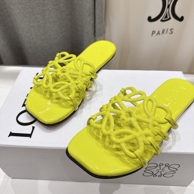 LOEWE 26S PETAL ANAGRAM SLIDE IN LEMON YELLOW CALFSKIN