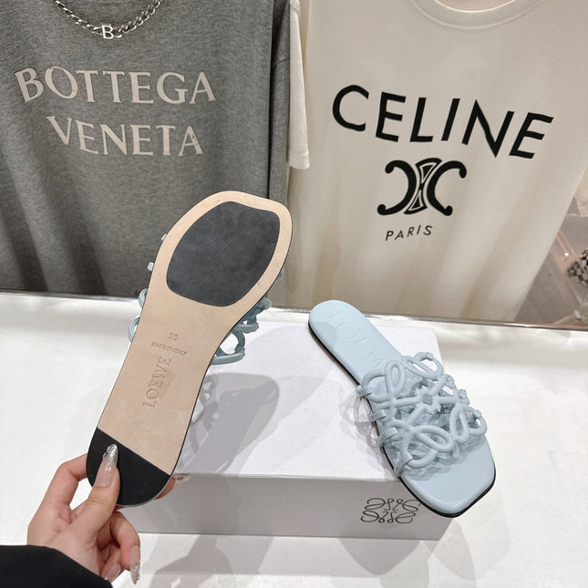 LOEWE 26S PETAL ANAGRAM SLIDE IN LIGHT BLUE CALFSKIN