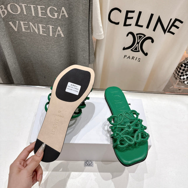 LOEWE 26S PETAL ANAGRAM SLIDE IN GREEN CALFSKIN