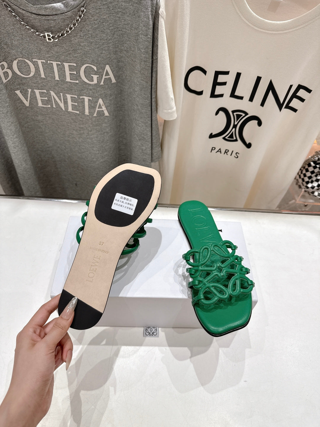 LOEWE 26S PETAL ANAGRAM SLIDE IN GREEN CALFSKIN