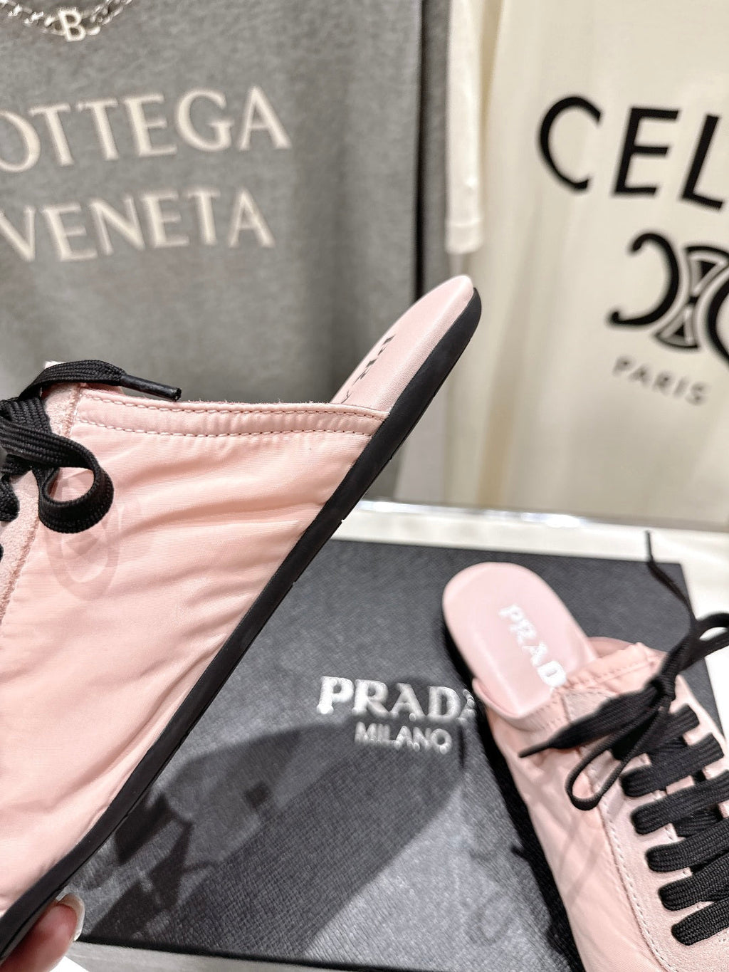 PRADA 25S MULES IN LIGHT PINK WITH METAL TOECAP