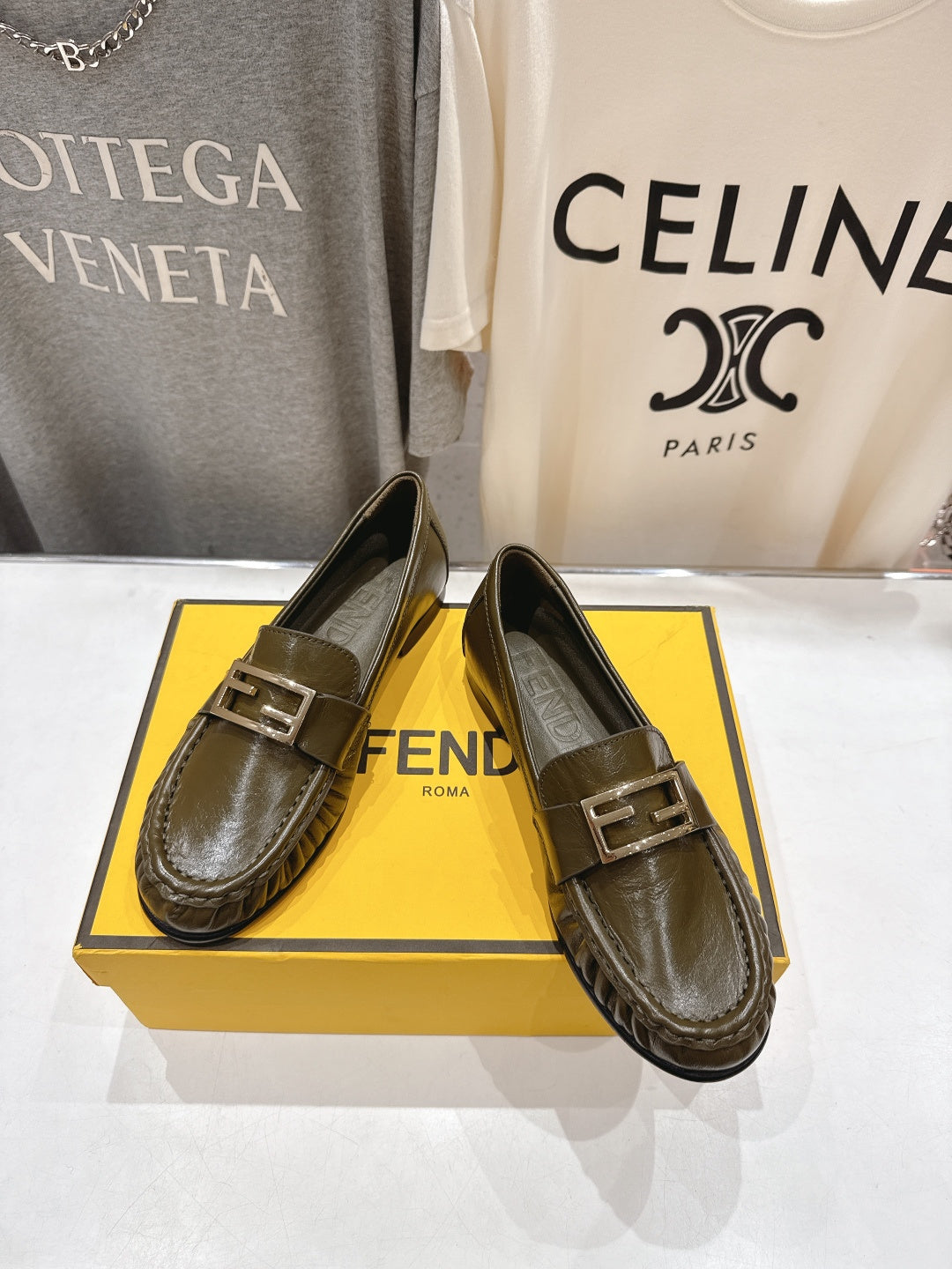 FENDI 25S LOAFERS IN DARK OLIVE BROWN CALFSKIN