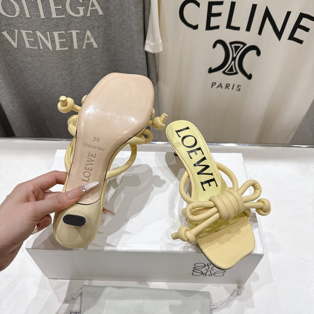 LOEWE 26S KITTEN HEEL KNOT SANDALS IN BUTTER YELLOW CALFSKIN