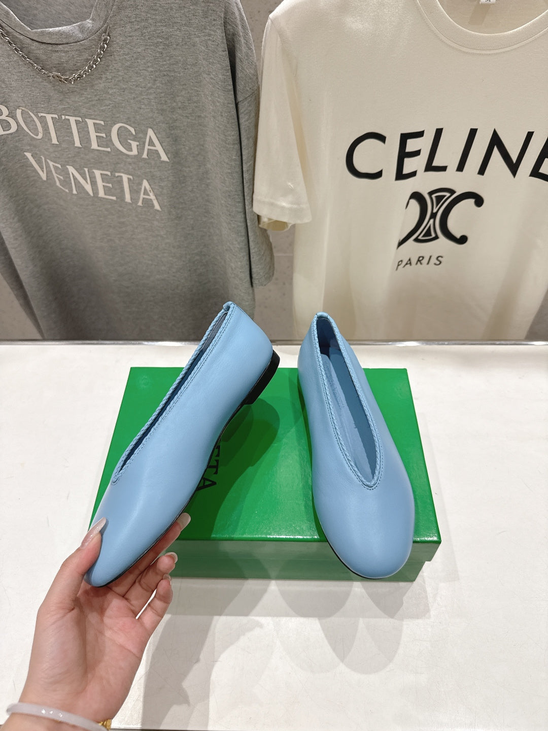 BOTTEGA VENETA 26S BALLET FLATS IN PASTEL BLUE LAMBSKIN