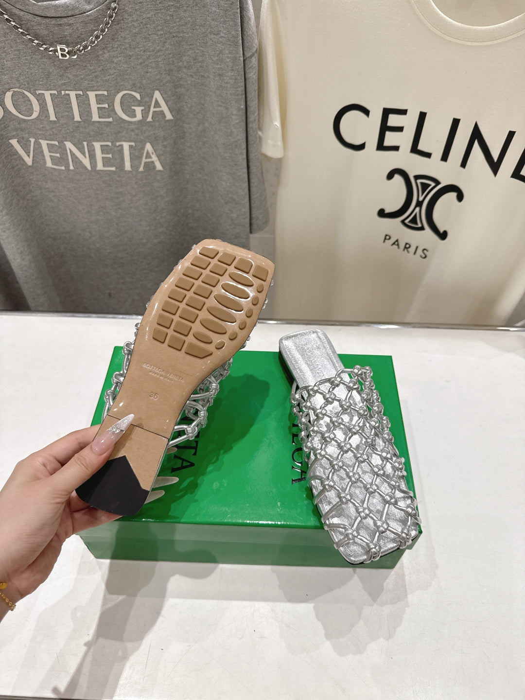 BOTTEGA VENETA 26S WOVEN MULES IN SILVER LAMBSKIN