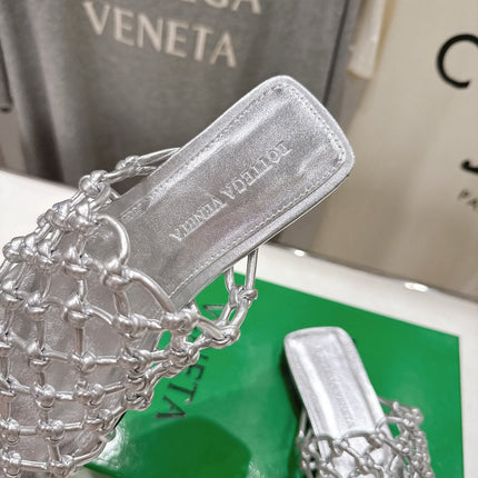 BOTTEGA VENETA 26S WOVEN MULES IN SILVER LAMBSKIN