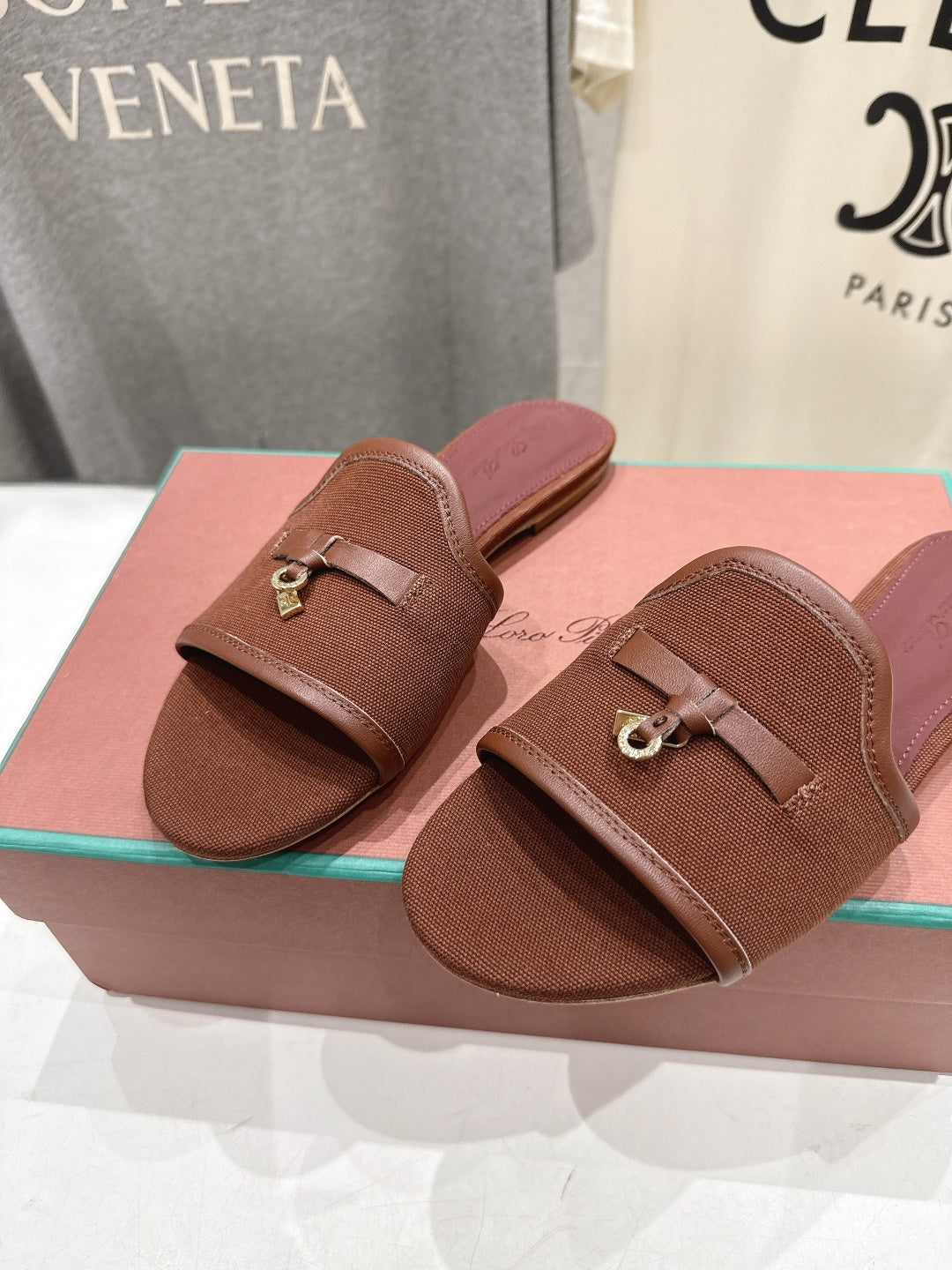 LP 26S SLIDES IN DARK BROWN CANVAS AND CALFSKIN