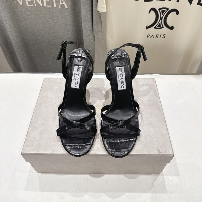 JIMMY CHOO 26S HIGH-HEELED SANDALS 100 MM IN BLACK CROC-EMBOSSED LAMBSKIN