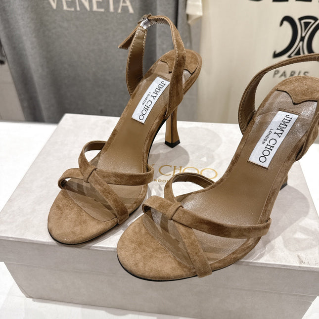 JIMMY CHOO 26S HIGH-HEELED SANDALS 100 MM IN BROWN SUEDE