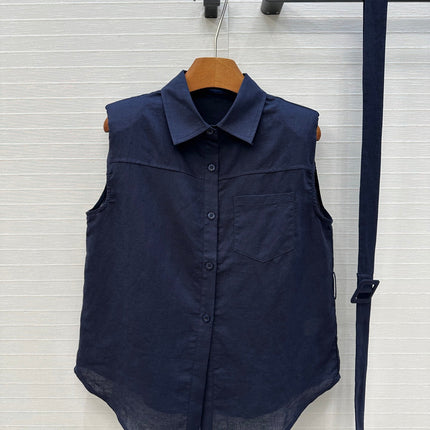 Loewe 25 Lace-up Waist Sleeveless Shirt Dark Blue Linen