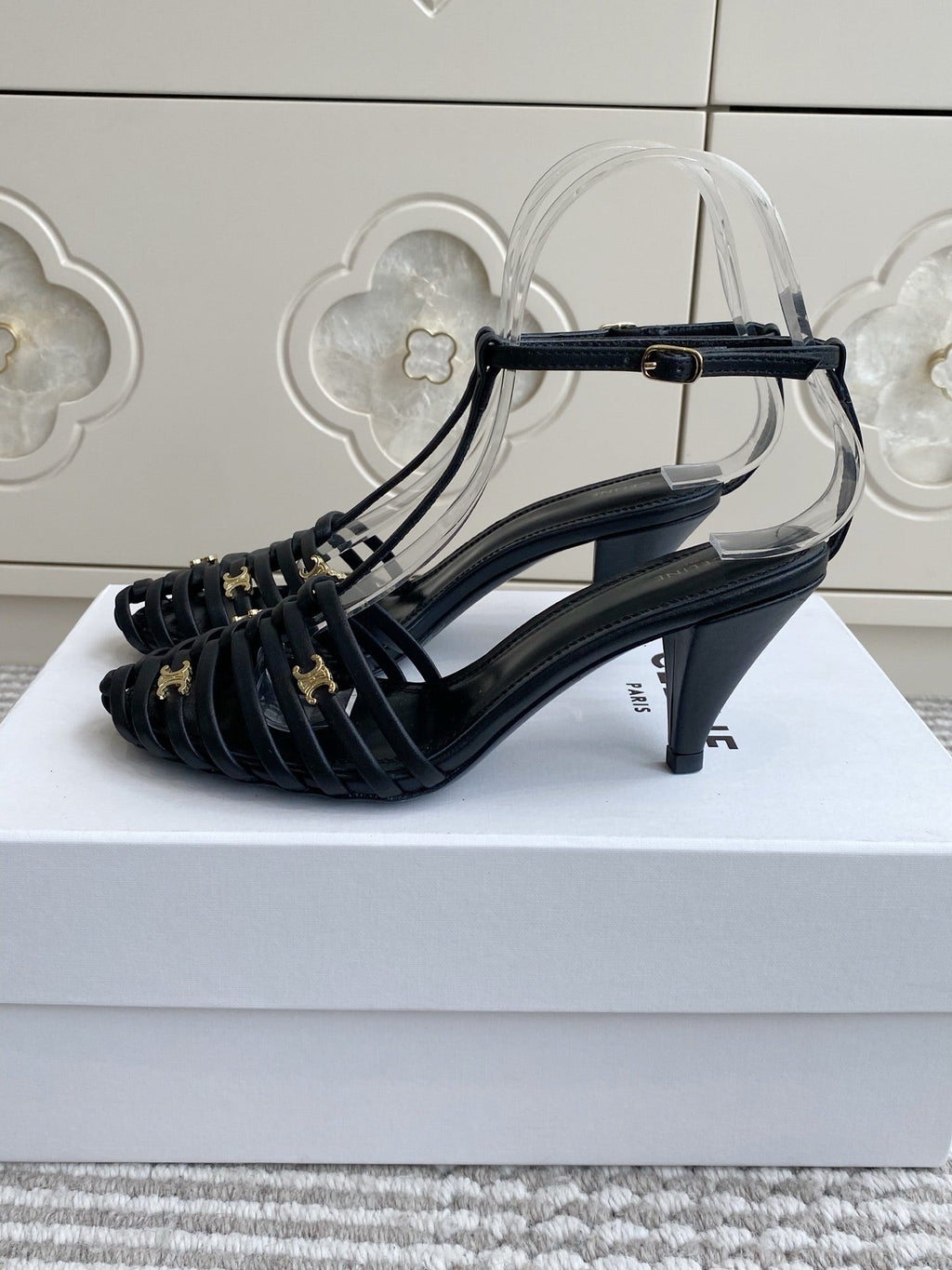 CELINE 26S CLEA TRIOMPHE GLADIATOR HEEL SANDALS 60 MM IN BLACK LAMBSKIN