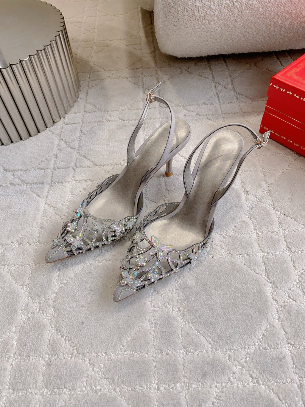 RENE CAOVILLA 26S HEELED SLINGBACKS 65 MM IN GREY CRYSTAL FLOWERS