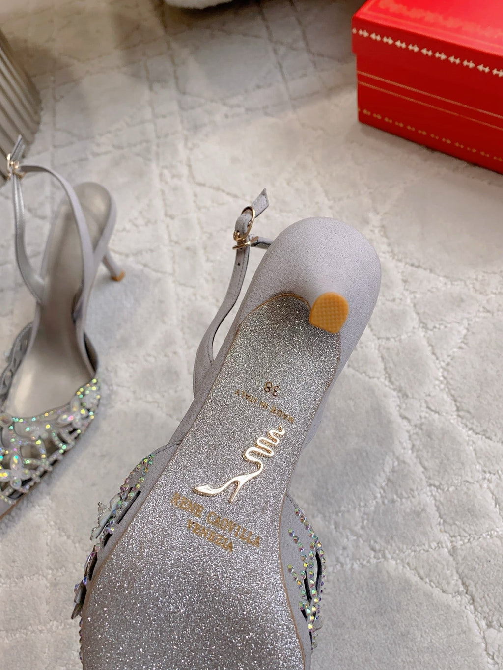 RENE CAOVILLA 26S HEELED SLINGBACKS 65 MM IN GREY CRYSTAL FLOWERS