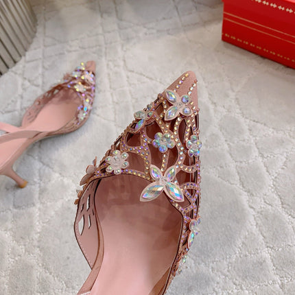 RENE CAOVILLA 26S HEELED SLINGBACKS 65 MM IN NUDE PINK CRYSTAL FLOWERS