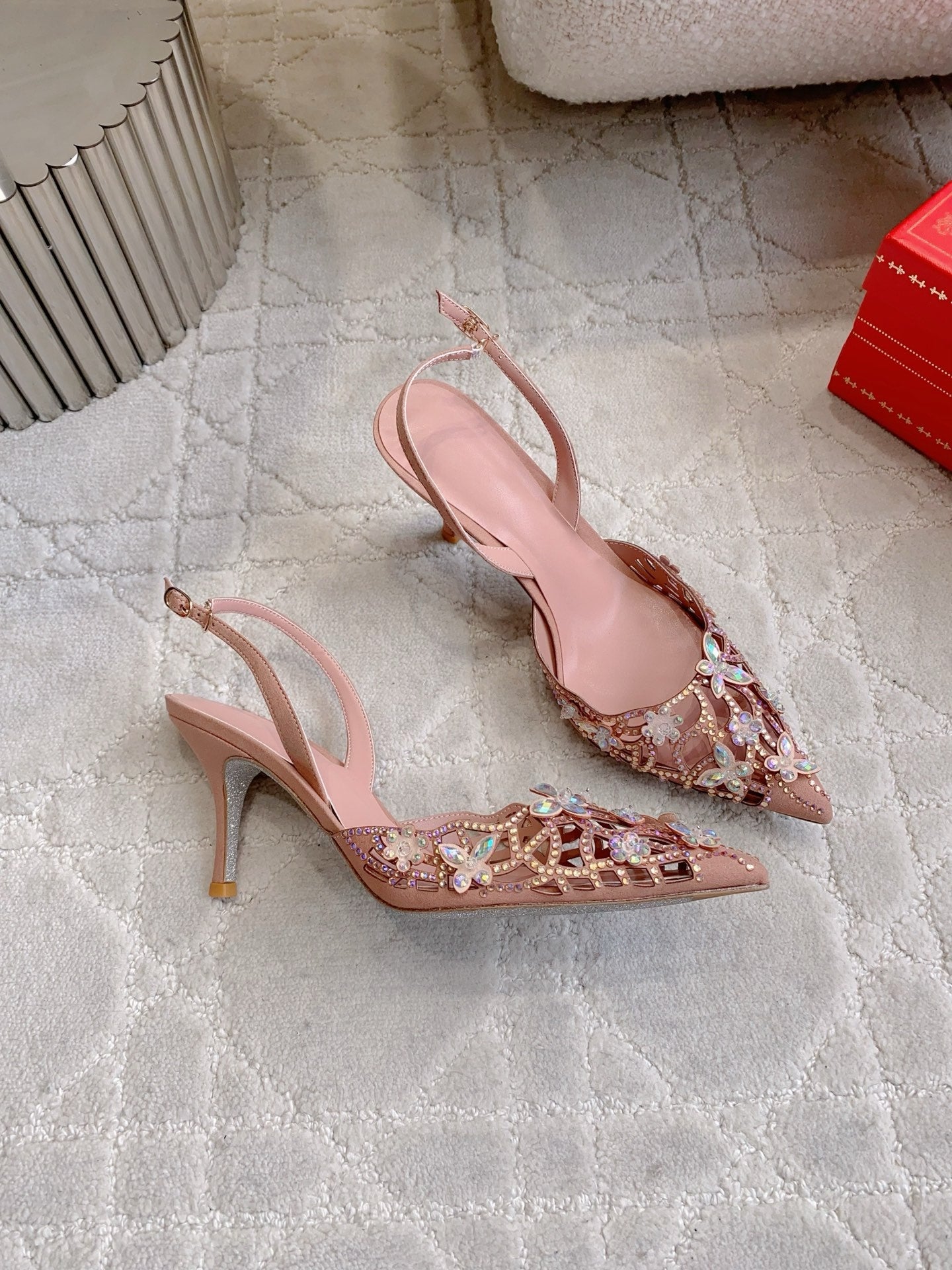 RENE CAOVILLA 26S HEELED SLINGBACKS 65 MM IN NUDE PINK CRYSTAL FLOWERS