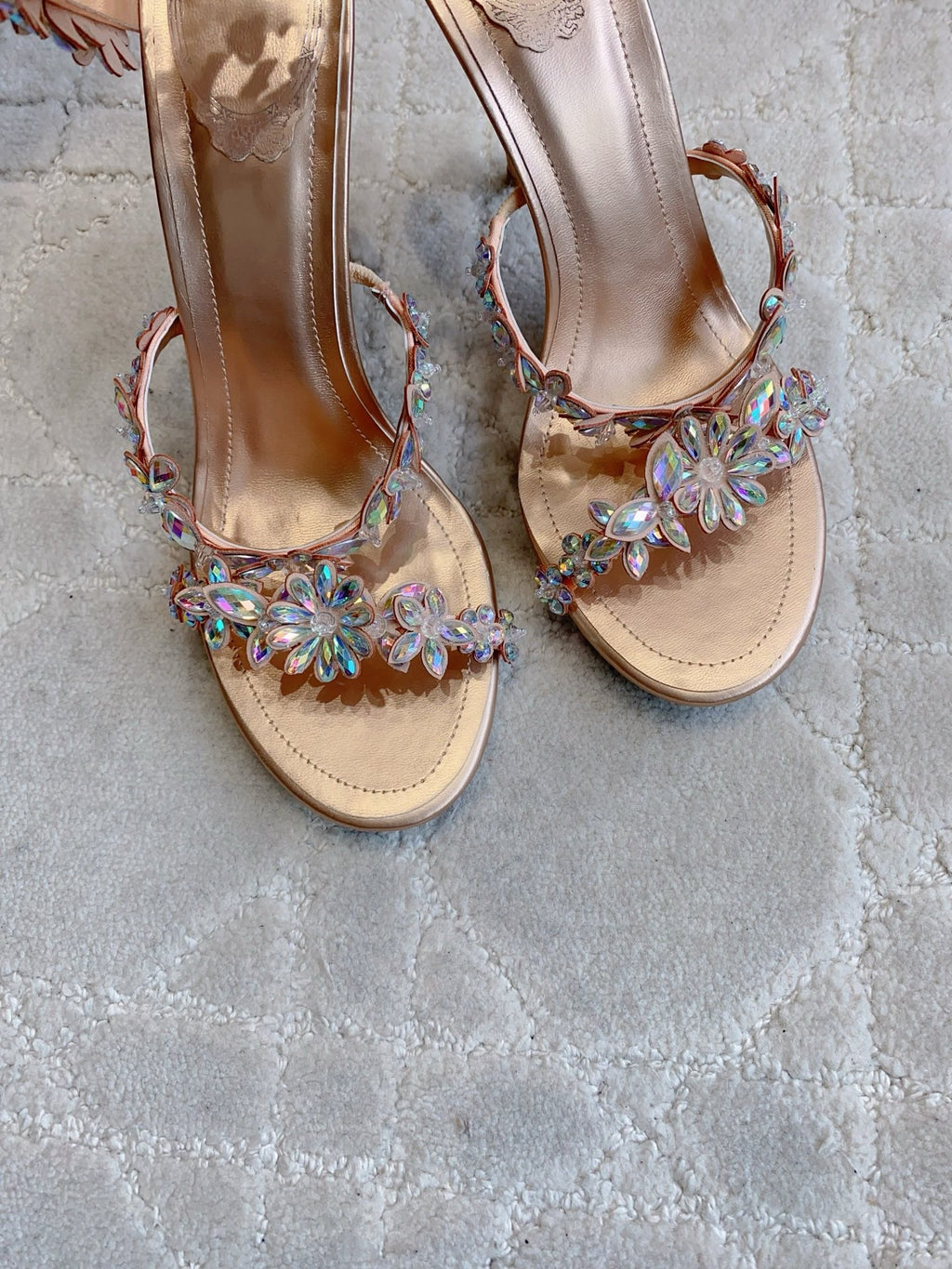 RENE CAOVILLA 26S HEEL SANDALS 95 MM IN ROSE GOLD LAMBSKIN CRYSTAL FLOWER EMBELLISHMENTS