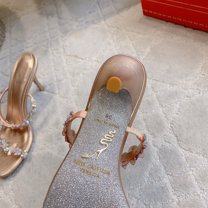 RENE CAOVILLA 26S HEEL SANDALS 65 MM IN ROSE GOLD LAMBSKIN CRYSTAL FLOWER EMBELLISHMENTS