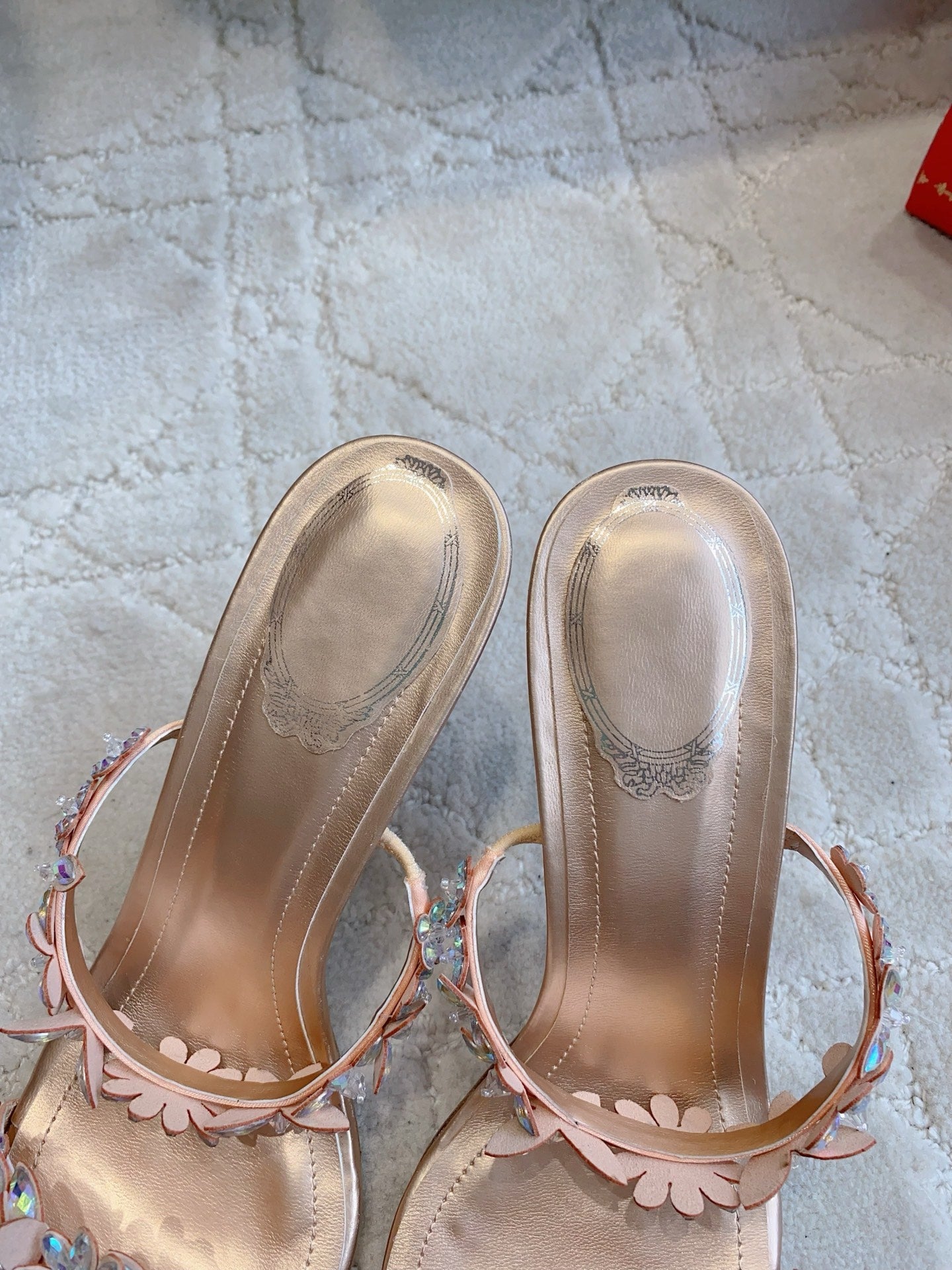 RENE CAOVILLA 26S HEEL SANDALS 65 MM IN ROSE GOLD LAMBSKIN CRYSTAL FLOWER EMBELLISHMENTS