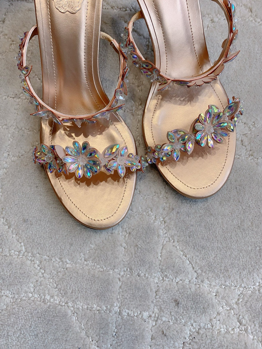 RENE CAOVILLA 26S HEEL SANDALS 65 MM IN ROSE GOLD LAMBSKIN CRYSTAL FLOWER EMBELLISHMENTS