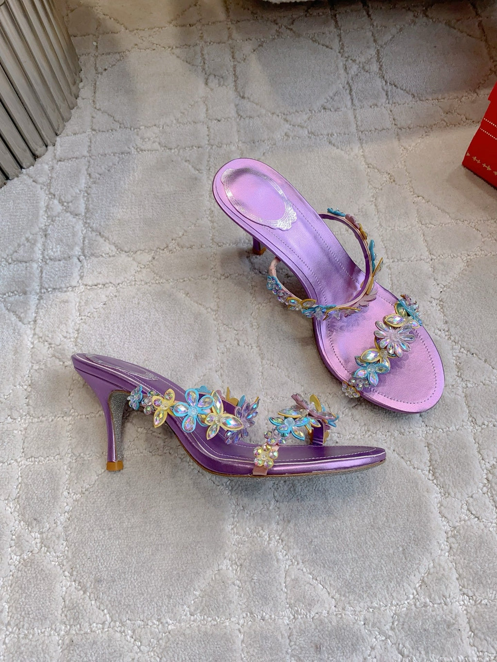 RENE CAOVILLA 26S HEEL SANDALS 65 MM IN METALLIC PURPLE LAMBSKIN CRYSTAL FLOWER EMBELLISHMENTS
