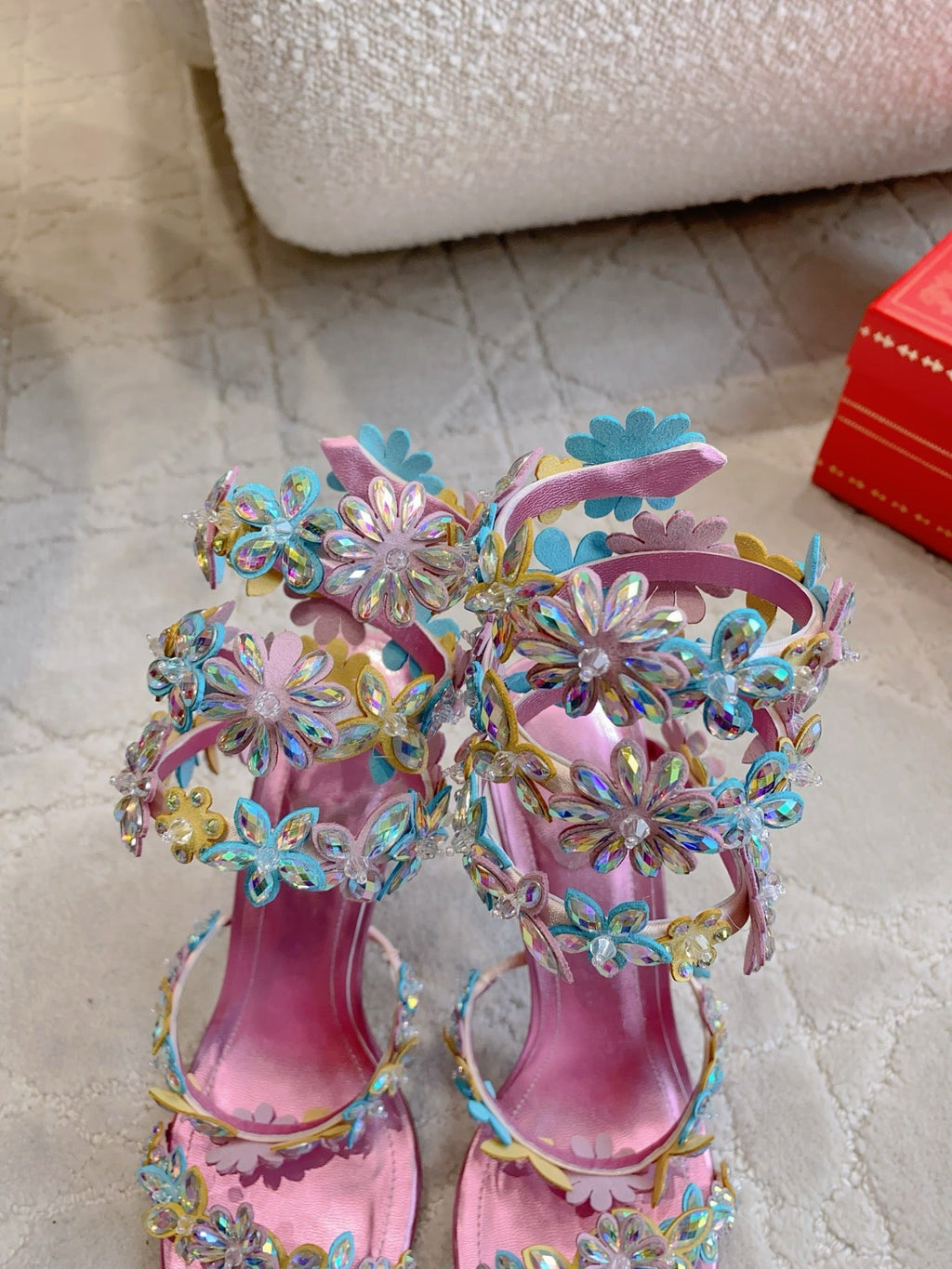 RENE CAOVILLA 26S HEEL SANDALS 95 MM IN METALLIC PINK LAMBSKIN CRYSTAL FLOWER EMBELLISHMENTS