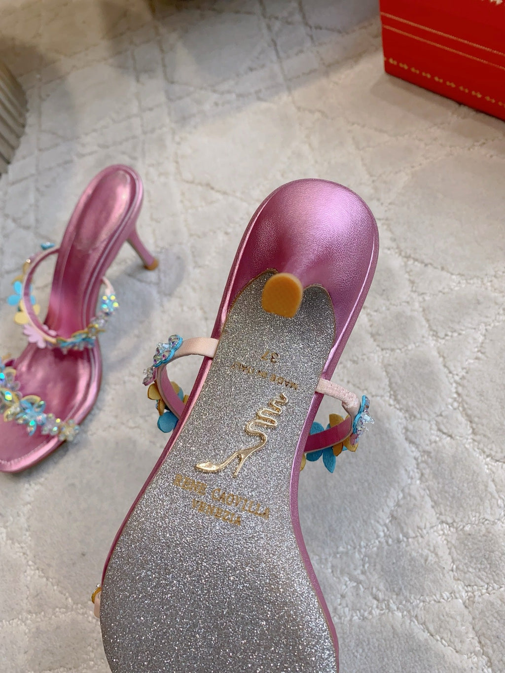 RENE CAOVILLA 26S HEEL SANDALS 65 MM IN METALLIC PINK LAMBSKIN CRYSTAL FLOWER EMBELLISHMENTS
