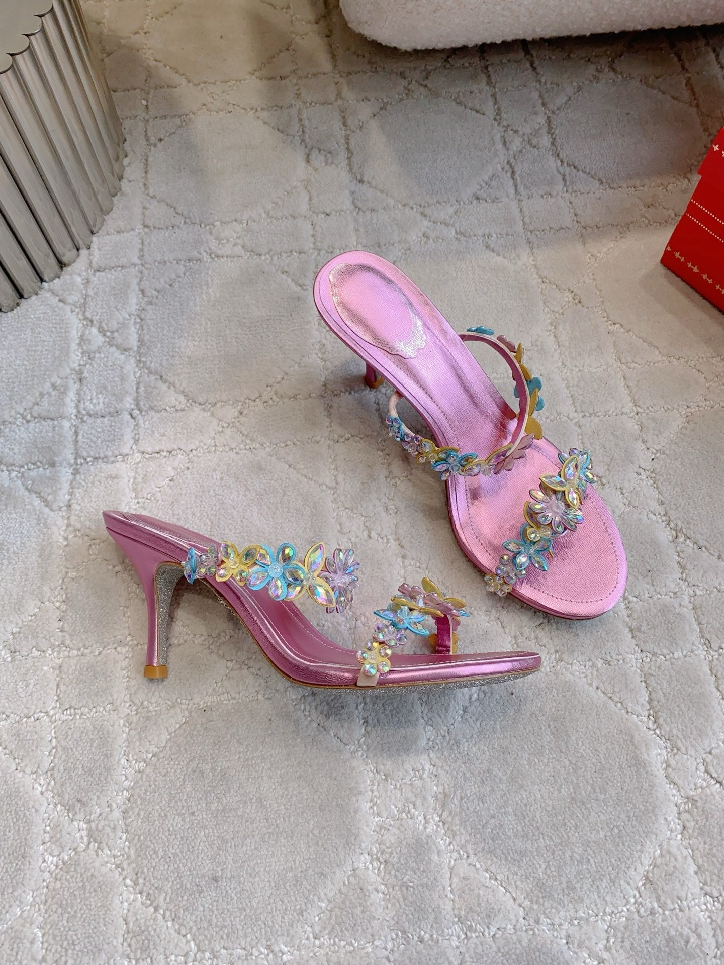 RENE CAOVILLA 26S HEEL SANDALS 65 MM IN METALLIC PINK LAMBSKIN CRYSTAL FLOWER EMBELLISHMENTS