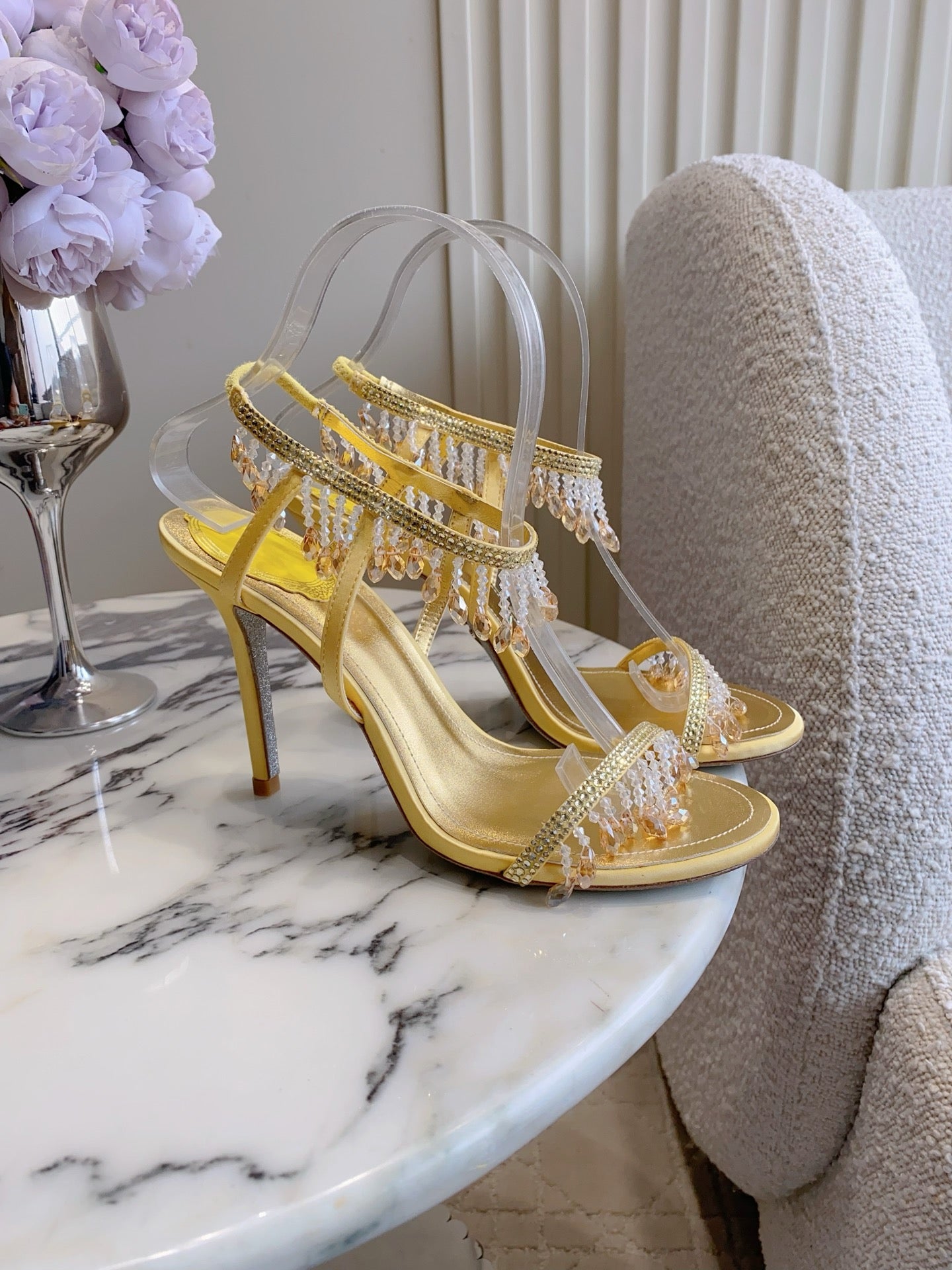 RENE CAOVILLA 26S CLEO HIGH HEELS SANDALS 95 MM IN GOLD LAMBSKIN STYLE 16