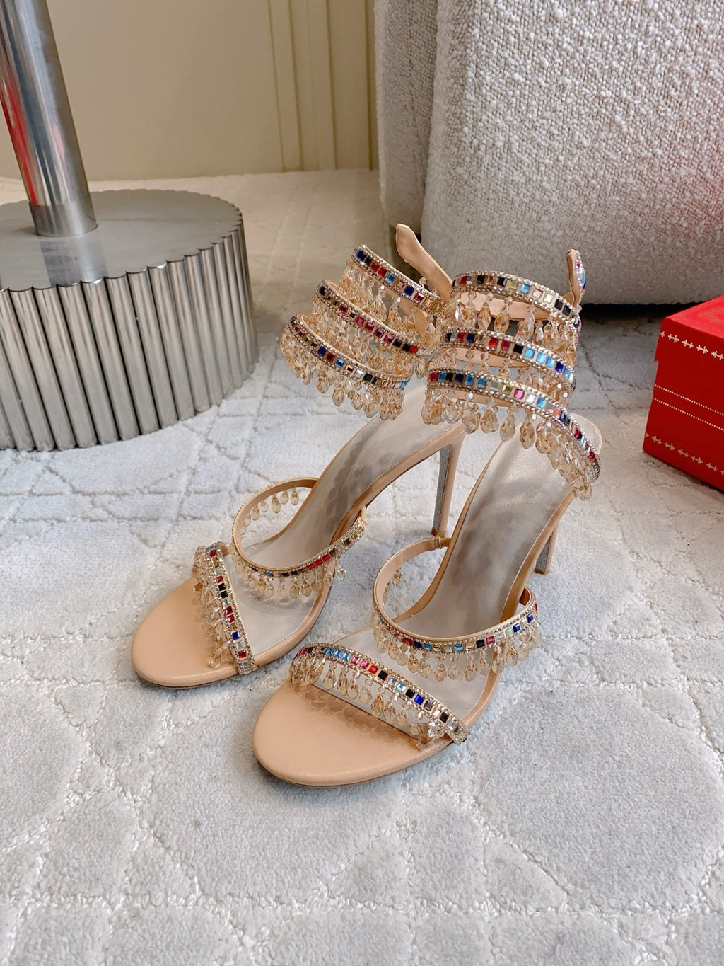 RENE CAOVILLA 26S CLEO HIGH HEELS SANDALS 95 MM IN BEIGE LAMBSKIN STYLE 17