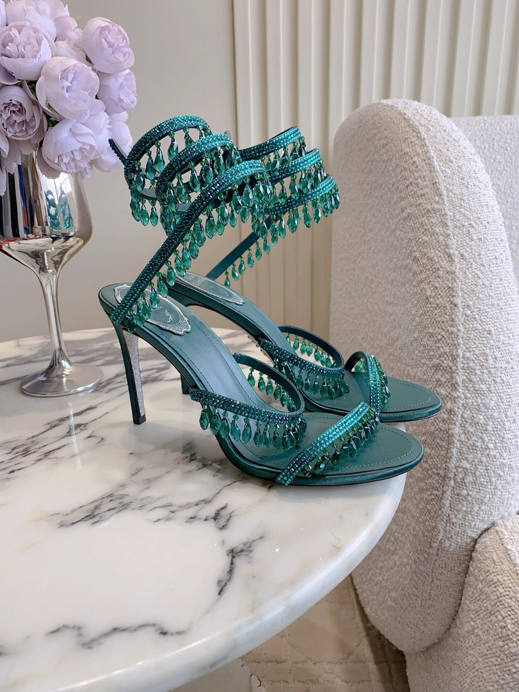 RENE CAOVILLA 26S CLEO HIGH HEELS SANDALS 95 MM IN DARK GREEN LAMBSKIN STYLE 15